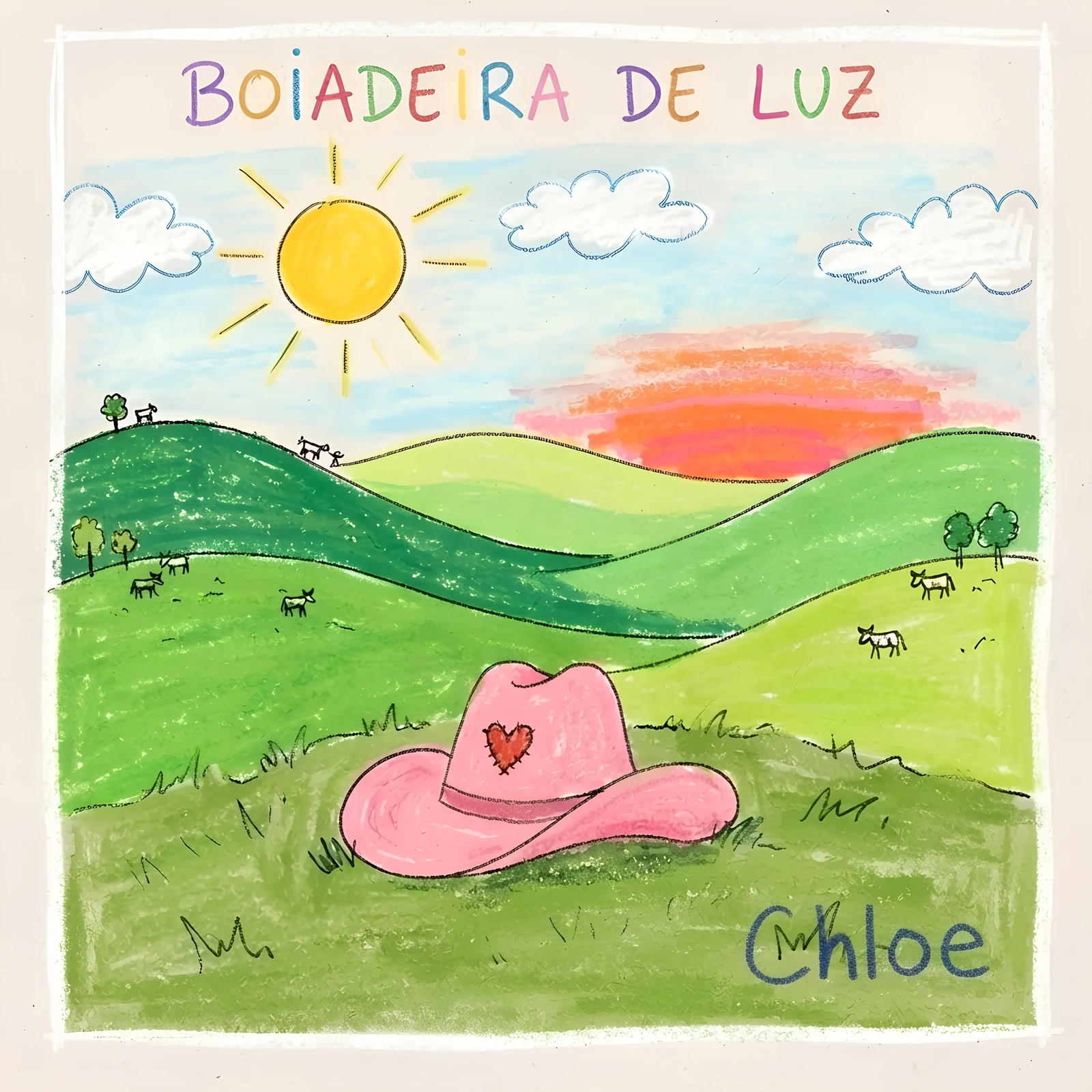 Capa de Boiadeira de Luz: desenho de giz de cera com um chapéu rosa num campo verde ao pôr do sol